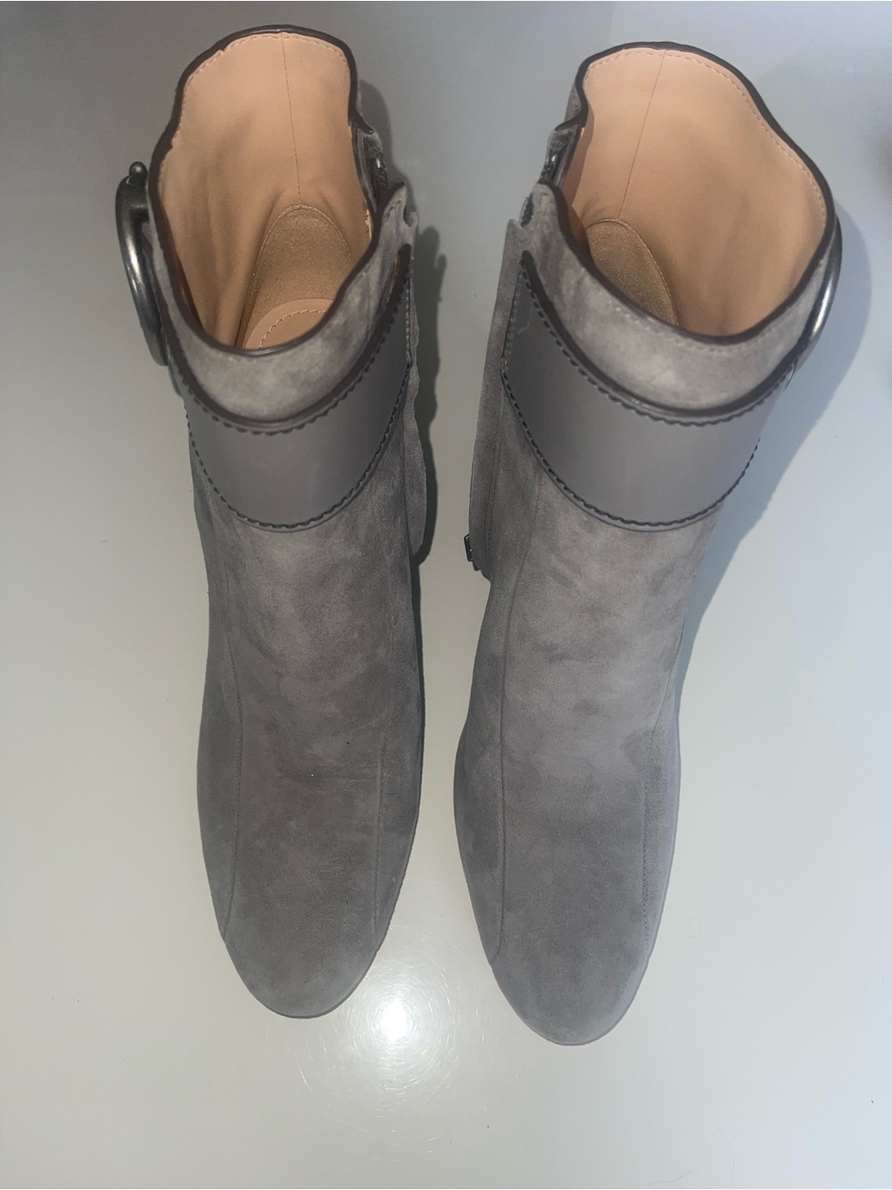 Coach Grey Suede Ankle Booties with Buckle Detail